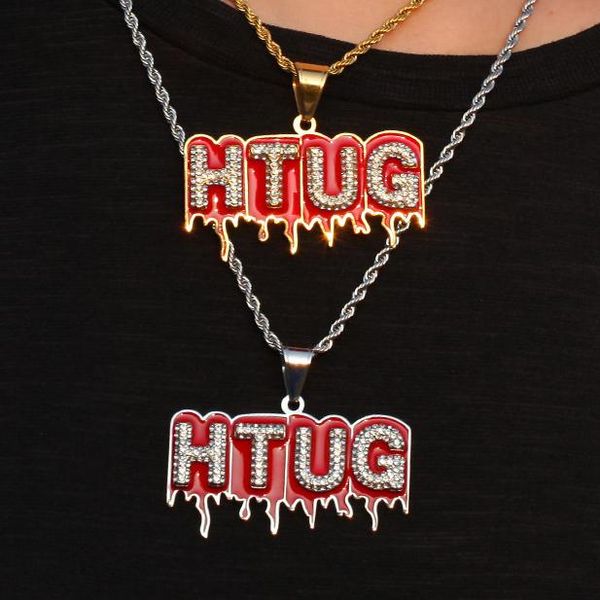 

fashion gold silver plated bling diamond mens blood htug letter pendant necklace twist chain rhinestone hip hop rapper jewelry gifts for men