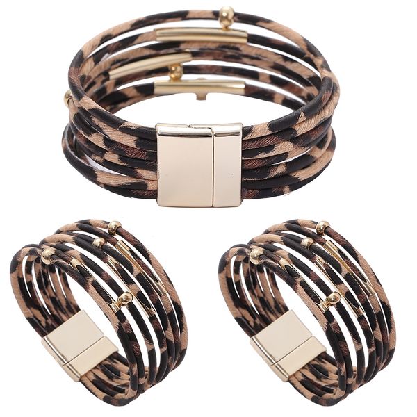 

amorcome leopard leather bracelets for women bracelets & bangles 2019 fashion elegant boho multilayer wrap wide bracelet jewelry, Golden;silver
