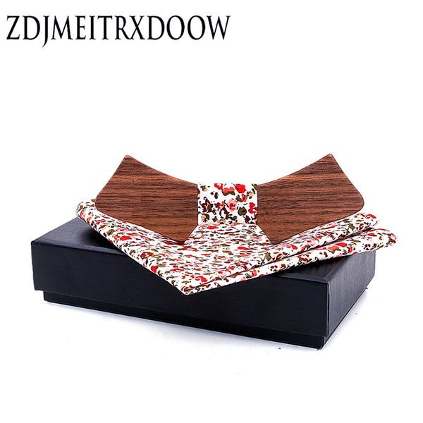 

printing floral personality wood bow ties hanky set for mens wedding suits business wooden bowtie hadkerchief cotton 15 color, Blue;purple