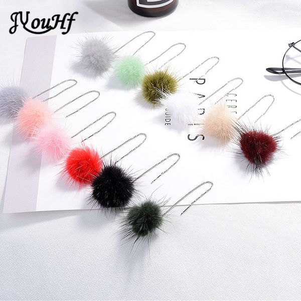 

jyouhf 12 colors korean long chain fluffy mink fur pom pom ball drop earrings for women girl unique cute hanging tassel earrings, Golden