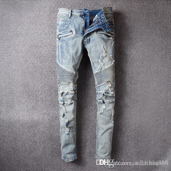 

2020 men s luxury designer denim jeans distressed ripped biker jeans slim fit motorcycle biker for men jeans homme pantalones, Blue