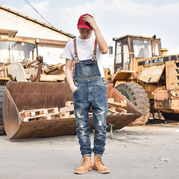

new men's ripped denim bib overalls fashion distressed jeans jumpsuits for man suspender detachable, Blue