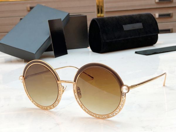 

2020 new black gold hollow out round metal frame with pearl brown glasses men women sunglasses with box and dastbag, White;black
