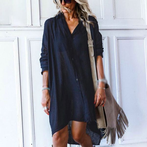 

women shirt dresses autumn button long sleeve bottom dress loose casual navy blue loose female dress, Black;gray