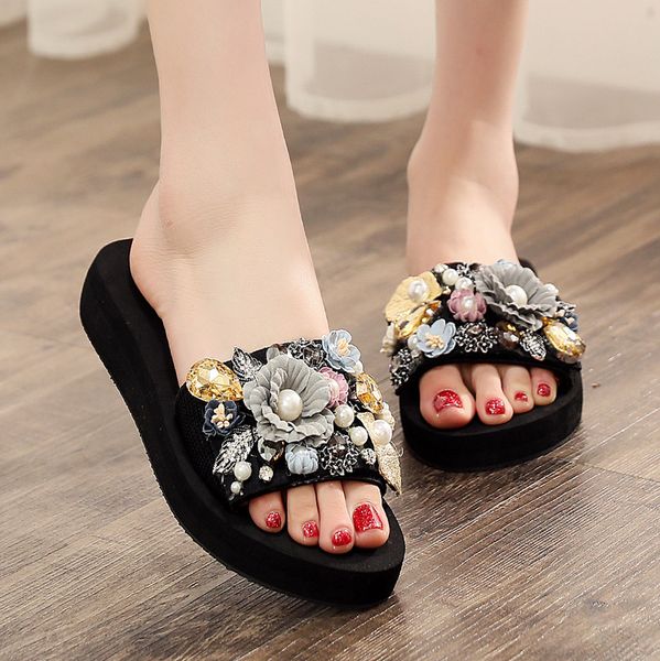 

ladies fashion bohemian platform slippers women casual summer thick bottom beach slippers crystal floral decor flat, Black