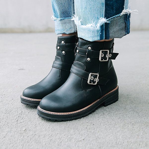 

women's leisure buckle flat leather shoes solid color short tube boots, Black