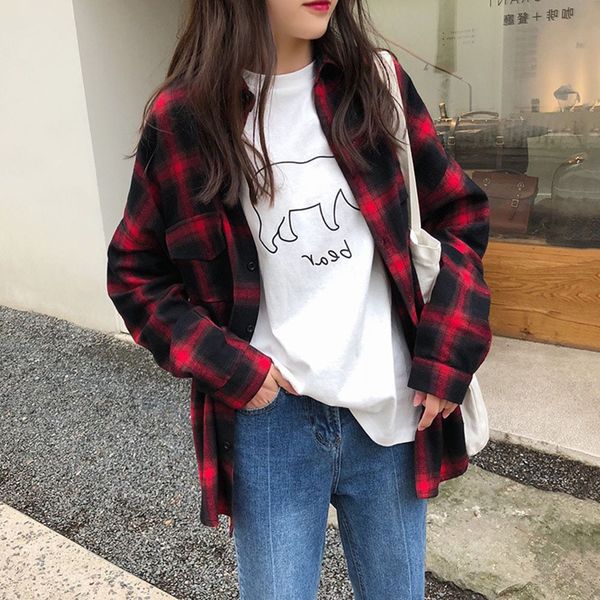 

women plaid shirt chic long sleeve oversized lazy wind korean hong kong retro blouse casual loose female vintage plaid, White