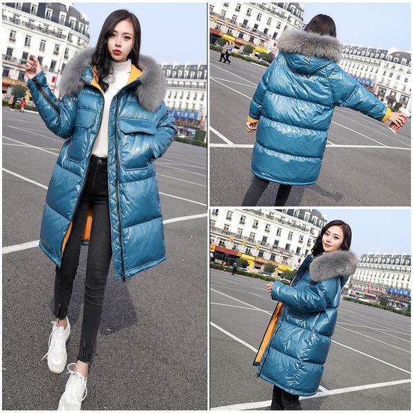 

2019 new women's fashion winter loose large size long down jacket female fur collar blue glossy white duck down jacket yyy356, Black