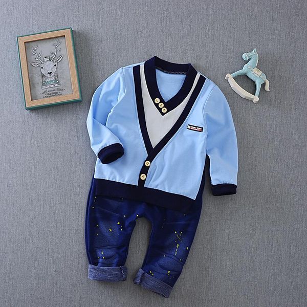 

new boy fashion suits t-shirt and pants 2 sets of children's wear set fake two-piece v-neck cowboy suit, White
