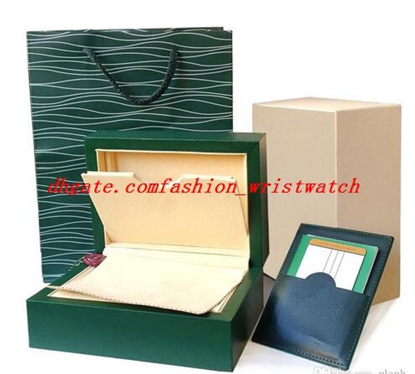 Caja de reloj de calidad estupenda Nuevo estilo Caja original verde Papeles Bolsa de cuero Cajas de regalo en GM/T SU/B SE/A Caja de reloj Cajas de relojes de madera verde