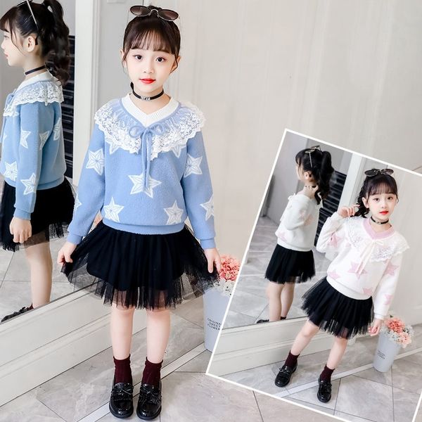 

новая мода дети крючком воротник зашнуровать свитер для девочек детские звезды печати свитер подросток трикотаж возраст от 15 лет до 5 лет, Blue