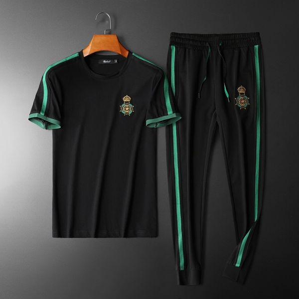 

2020 summer new stripe contrast sport short sleeve t-shirt embroidered pants two piece set t-shirt+ pants set mens tracksuits high quality, Gray