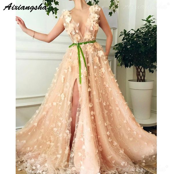 

pink formal dress party 2019 flowers lace prom gown high slit v-neck islamic dubai saudi arabic long dresses evening, White;black