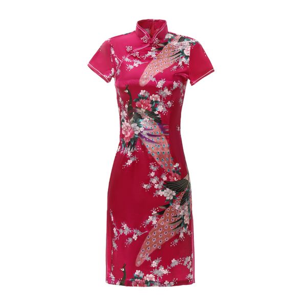 

print peacock satin women qipao summer sleeve vintage stage show cheongsam plus size 3xl-6xl vestidso short chinese dress gown, Red