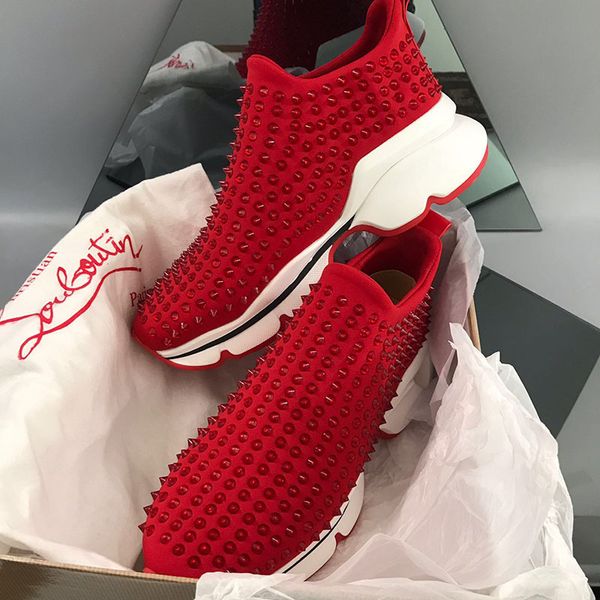 

De igner luxury fa hion brand red bottom rivet flat hoe for men and women rivet party couple ca ual port hoelace box ize 37 47