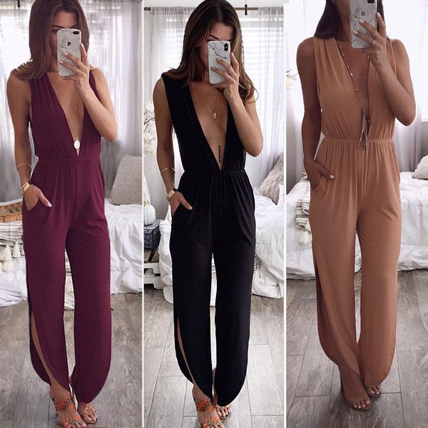

Female Halter Solid Jumpsuits Sexy Deep V-Neck Sleeveless Back Hollow Out Romper Fashion Ladies Capris Apparel