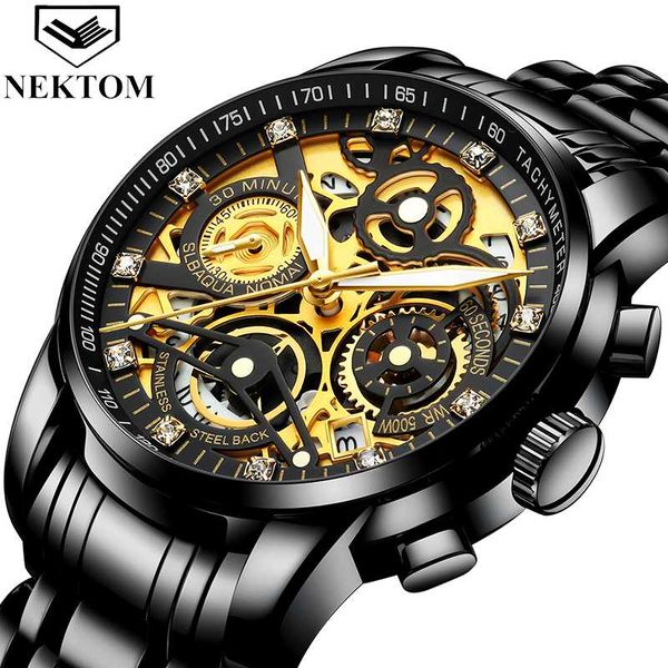 

nektom wrist watches men golden chronograph mens watch gold big dial man wristwatch relogio masculino, Slivery;brown