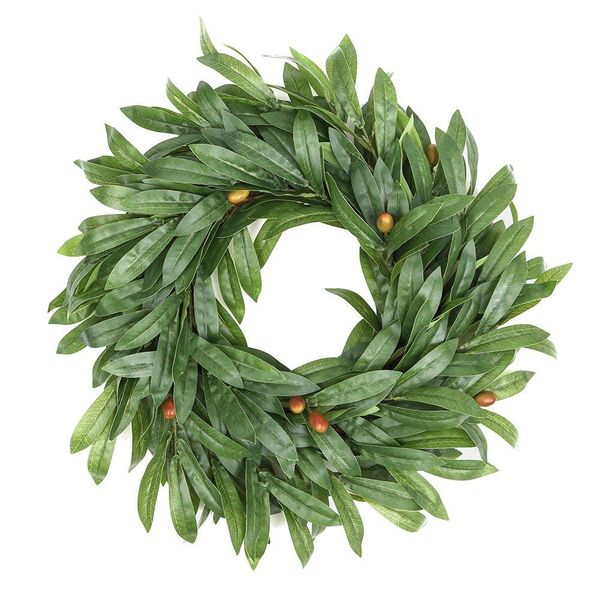 

16 inch door wreath artificial real wicker frame faux olive leaves | uv resistant farmhouse home decor built-in hanging loop s