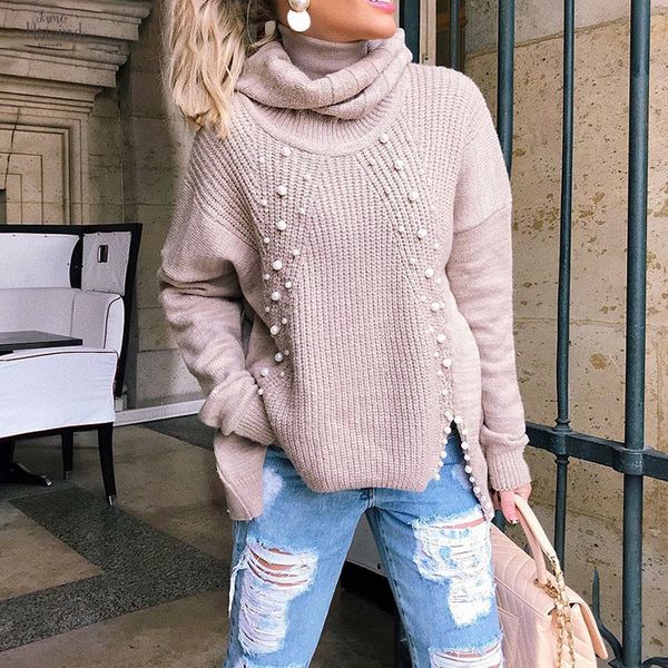 

turtleneck plus size loose knitted sweater beading split casual womens sweater long sleeve pullover jumpers winter, White;black