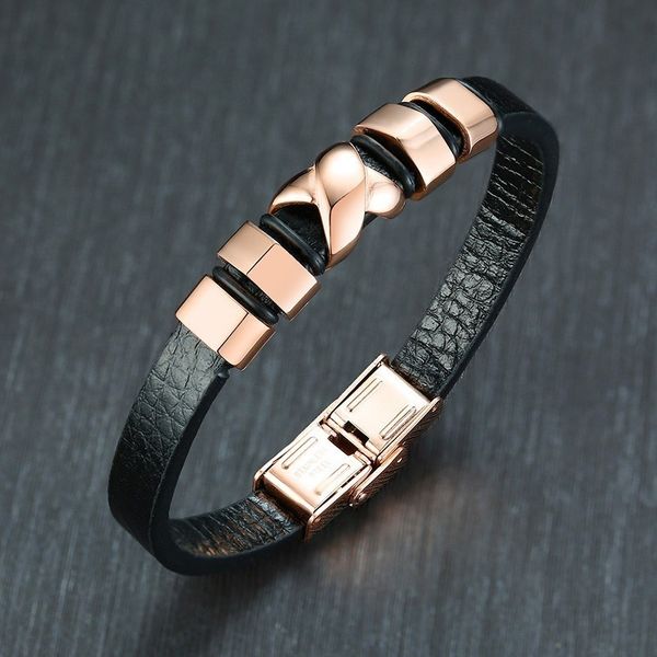 

100% real black genuine leather bracelet with rose gold stainless steel brazalet male gents fashion jewelry, Golden;silver