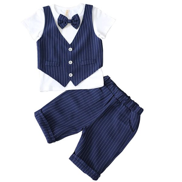 

boys clothing set summer baby kids prince suit gentleman shirt stripe pants boy formal wedding birthday, White