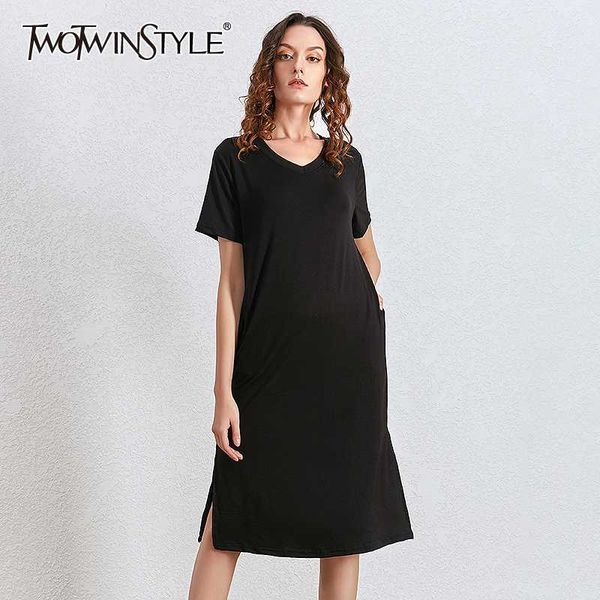

twotwinstyle black casual dress for women v neck short sleeve side split oversized dresses female 2020 spring fashion new, Black;gray
