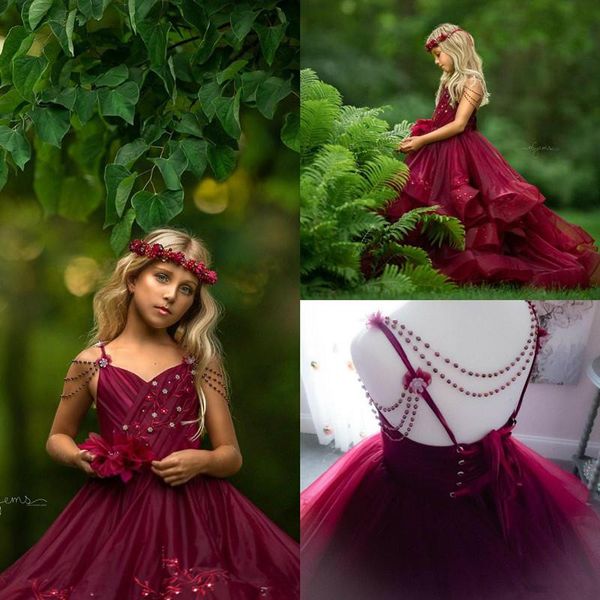 

burgundy tulle princess flower girls' dresses for weddings with beading embroidery 3d-applique long sweep pageant party gowns birthday, White;blue