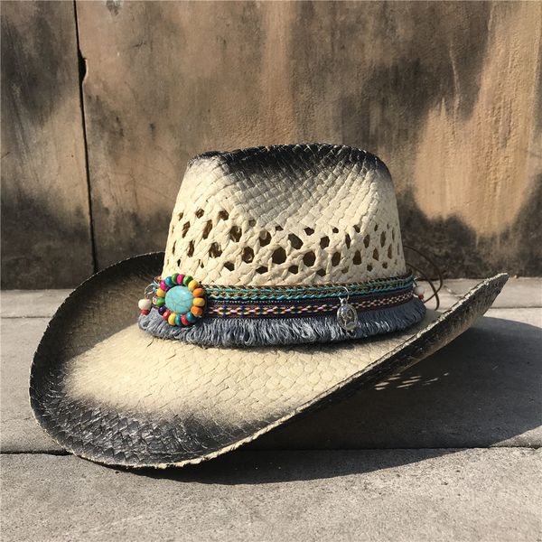 

fashion women hollow western cowboy hat summer lady boater sombrero hombre hat fascinator tassel sunbonnet sun, Blue;gray