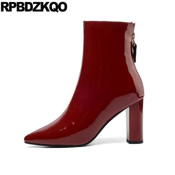 

booties pointed toe chunky designer shoes women luxury 2019 brand ankle boots wine red patent leather block short high heel fall, Black