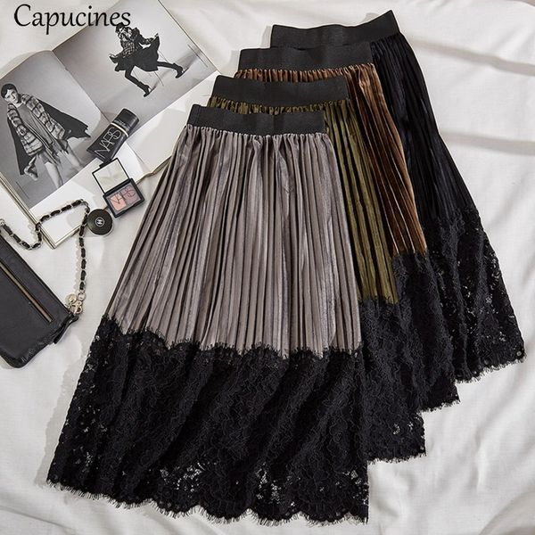 

capucines ladies autumn winter fashion lace stitching pleated velvet skirts women vintage elastic waist midi maxi skirt, Black