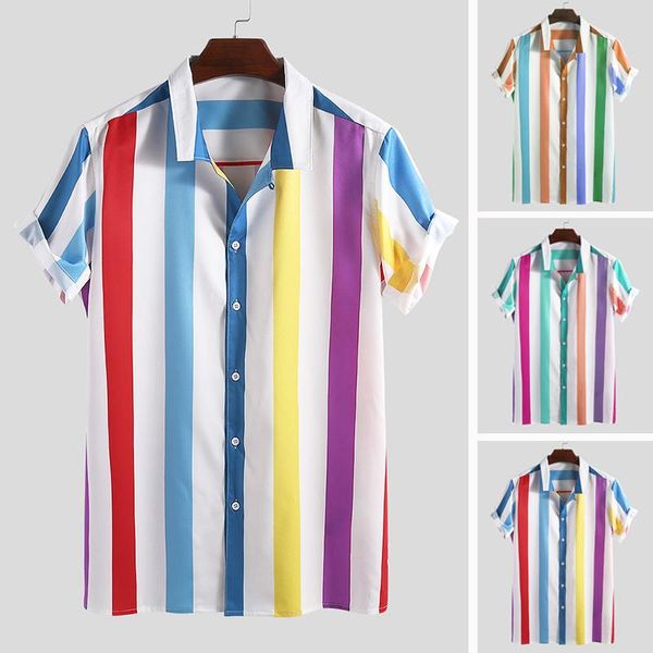

colorful striped hawaiian shirt men short sleeve button lapel neck blouse vacation summer men caual shirts streetwear 2019 3xl, White;black