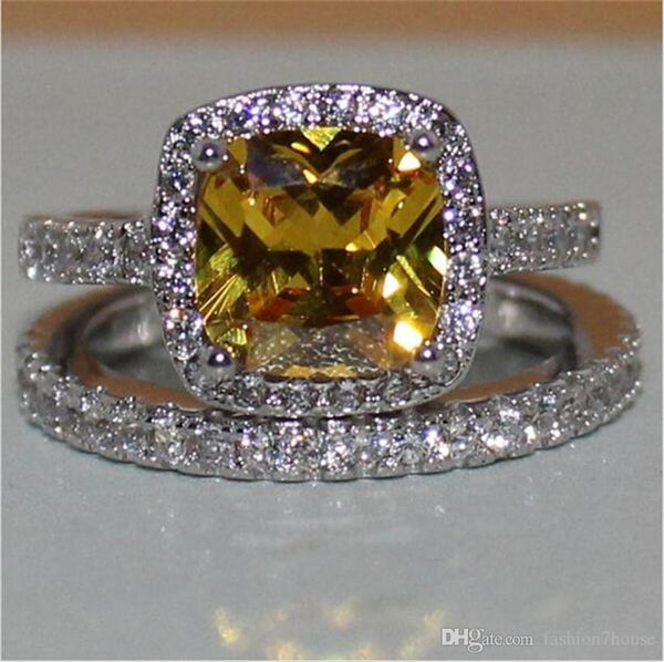 

fashion 3ct princess-cut yellow z gemstone rings set 2-in-1 diamond jewelry 925 sterling silver engagement wedding band ring for women, Slivery;golden