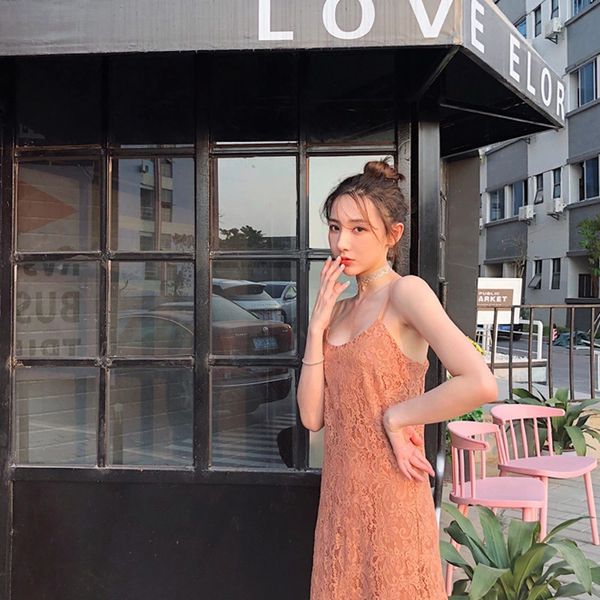 

orange lace midi bm ()2020 style temperament a- line dress, Black