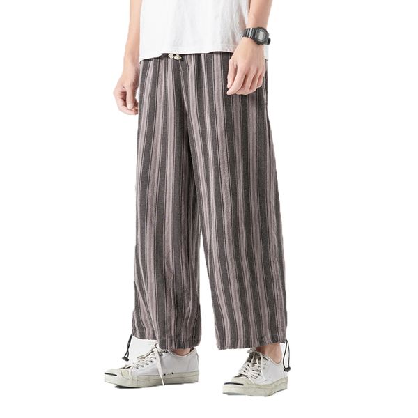 

2019 summer men pants wide legs stripe print calf length button decor baggy harem trousers male hip hop joggers oversize 5xl, Black