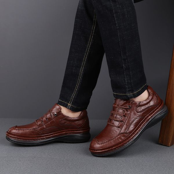 

genuine leather men's shoes four season casual waterproof working shoes outdoor rubber lace-up oxfords high quality, Black