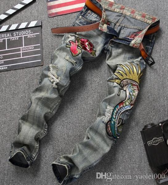 

original design the new esteuropean and american style fashion man hole jeans embroidered cobra retro men's pants, Blue