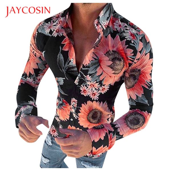 

jaycosin clothes shirt men long sleeve autumn spring flower printed shirt retro men v-neck cotton fit slim blouse, White;black