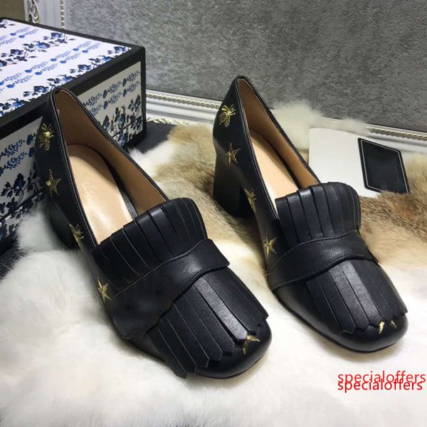 

2019 classic embroidered leather mid-heel pump luxury dress wedding shoes genuine leather tassel chunky heel mules designer woman sandal, Black