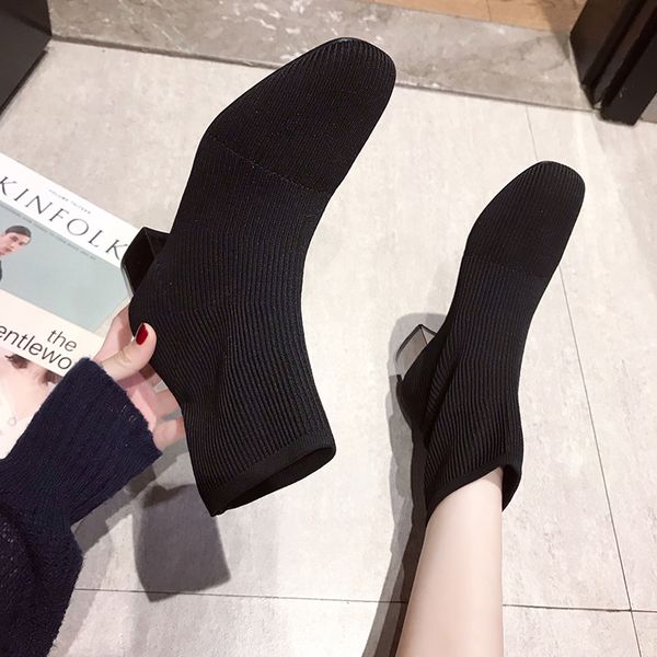 

metal heel women sock boots stretch fabric shoes 3 cm elegant square toe ankle boots ladies winter girls shoes black khaki