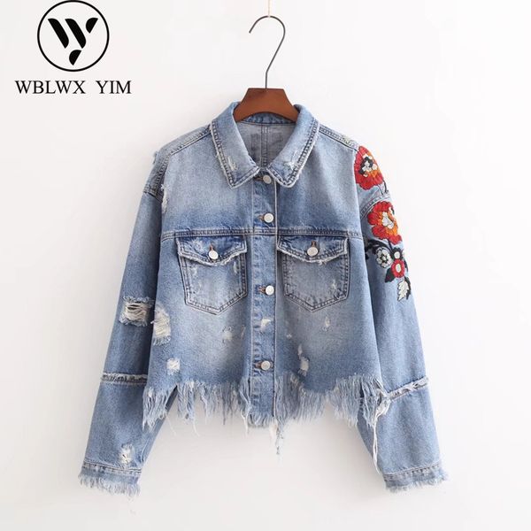 

2019 women's fashion embroidery short denim jacket tassel pocket vintage jeans jacket women casual loose basic coat streetwear, Black;brown