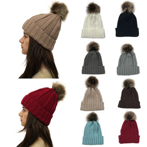 

women's winter warm knitted hats with cute faux fur pom pom ball skully beanie outdoor casual ski caps