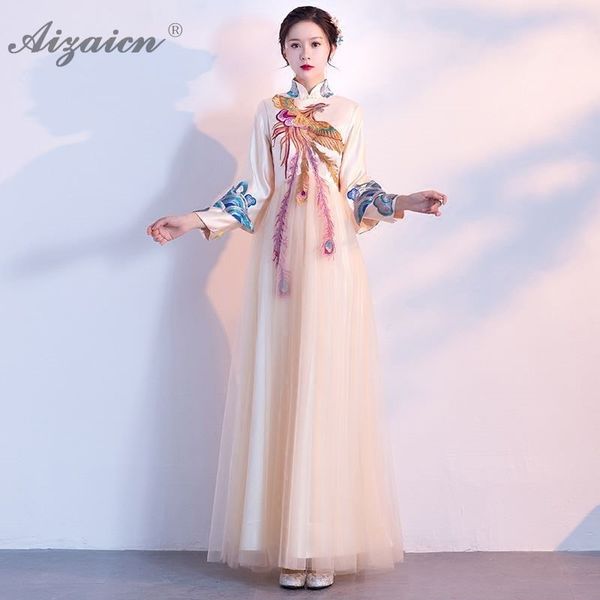 

pink phoenix embroidery cheongsam long evening dresses qi pao women chinese traditional clothing modern party dress qipao robe, Red