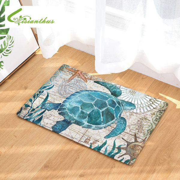 

vintage marine style door mat floor carpet for living room sea turtle pattern coral fleece rug anti-slip doormat home decor