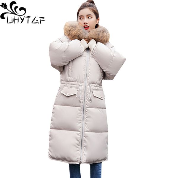 

uhytgf oversized fur collar hooded parker women long cotton coat winter down jacket thick warm outerwear loose plus size coat 26, Black