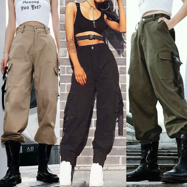 

fashion women high waisted cargo trousers pants solid punk loose long sports, Black;blue