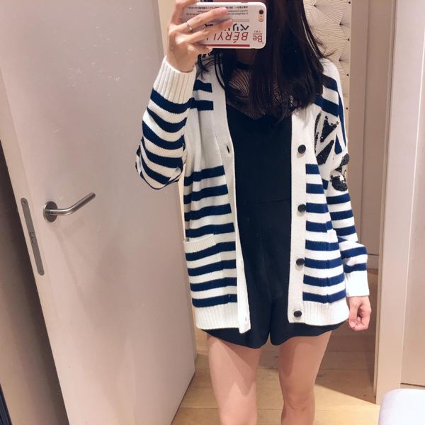 

women cardigan striped printed long sleeve casual knitted sweater autumn winter outerwear, White