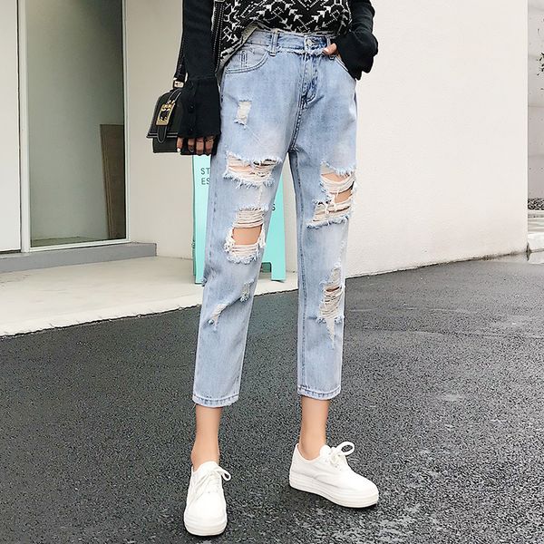 Zerrissene Jeans für Frauen Blau Lose Vintage Weibliche Mode Hohe Taille Stil Baggy Mom Hosen Casual Frühling