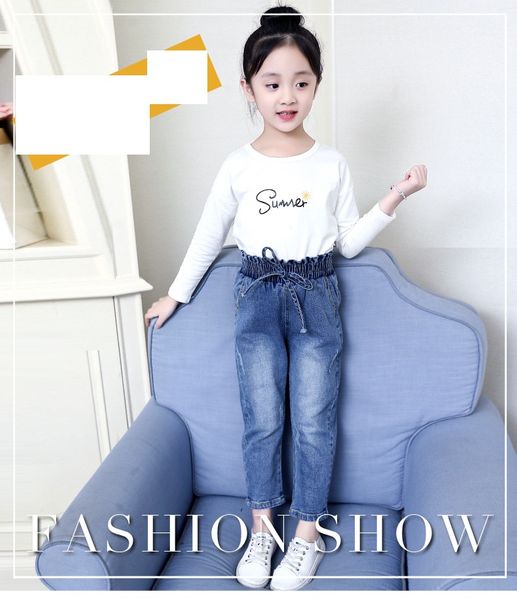 

fashion girls pants new autumn korean version of the foreign jeans children's trousers girl flower high waist harem pants, Blue