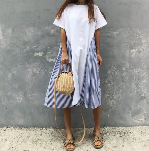 

2019 summer cotton casual dress new korean stitched striped loose short-sleeved dress patchwork a-line o-neck dress, Black;gray
