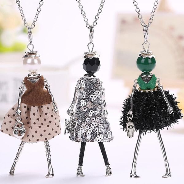 

new women doll cute black long necklaces & pendant dress baby girls maxi necklace brand fashion statement jewelry, Silver